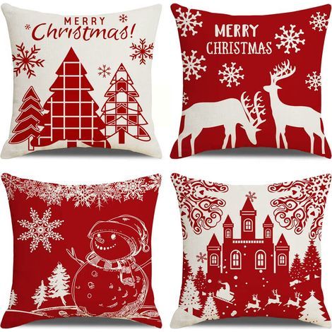 BRAVIX Housses de Coussin Joyeux Noël Lot de 4 Taie d'oreiller l'hiver Noël Wapiti Château Bonhomme de Neige Modèle Décoration pour Canapé Chambre Maison 45 x 45 cm (1/5)