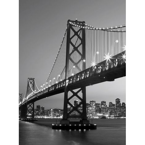 Papier peint panoramique pont de San Francisco | Tapisserie panoramique tendance noir et blanc | Papier peint panoramique pour chambre d'ado - 192 X 260 cm (4 pièces) (1/2)