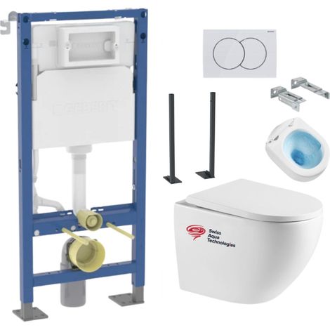 Pack Bati-support Geberit Duofix + WC sans bride Swiss Aqua Technologies + Plaque de commande Delta01 Blanche (FusionTQGebX)
