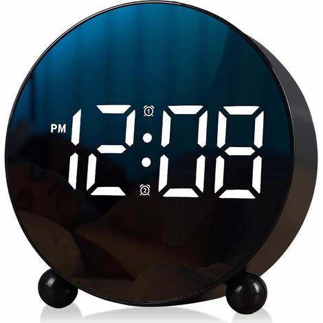 Sveglia digitale, con display LED rotondo e doppia suoneria, 3 livelli di luminosità, silenziosa, con allarme sonoro da comodino (nera) (1/5)