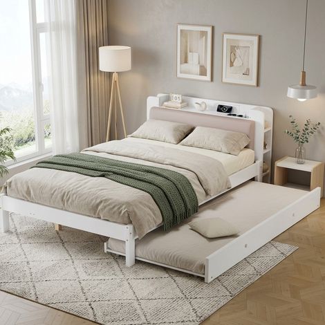 Cama 120x200 cm con cama nido 90x190 cm, cabecero acolchado blanco DESVIAE (1/5)