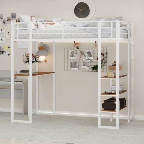 Cadre de lit en fer forgé avec sommier et table, dimensions 90 x 190 cm, idéal pour les chambres d'enfants et d'adolescents. Ce cadre de lit en fer forgé est équipé d'une barrière et d'un escalier, et (1/4)