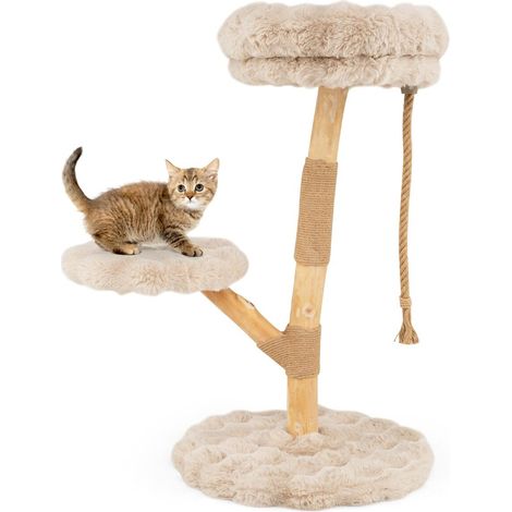 Arbre à chat beige en bois massif avec 3 niveaux, plateforme d observation et poteaux à griffer en jute pour salon (1/5)