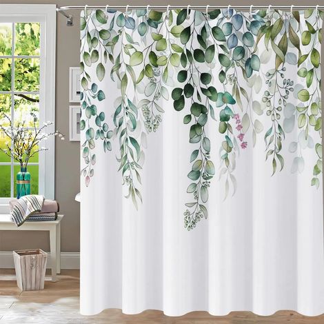 Filiyano-Rideaux de douche inodores, motif feuilles vertes tropicales sur fond blanc, pour douches et baignoires, avec crochets, 200 x 180 cm (78 x 70