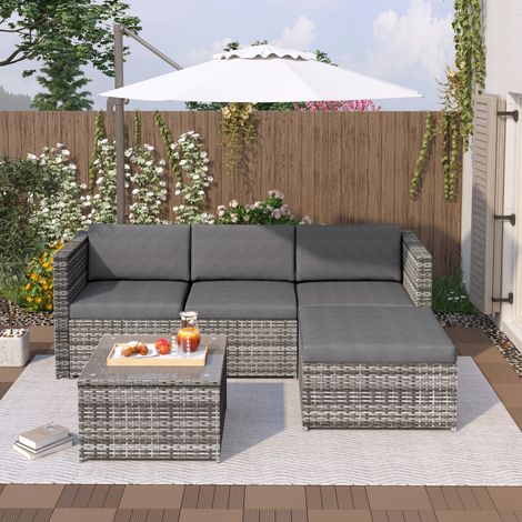 Salon de Jardin 3 Pièces - Canapé Lounge 196x139x67 cm + Pouf + Table Verre Trempé - Rotin PE - Coussins Lavables 5 cm - Gris (1/5)