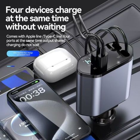 Chargeur Voiture Rétractable - Interface Apple + Type-C - Adaptateur Allume-Cigare - 2 Ports - 1 Unité (1/5)