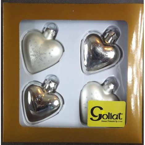 Set di 4 palline di vetro a forma di cuore color argento