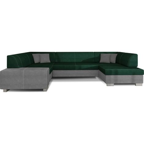 Canapé panoramique convertible HOUSTON en velours avec coffre de rangement à droite-Gris clair/Vert-Coffre à droite (1/5)