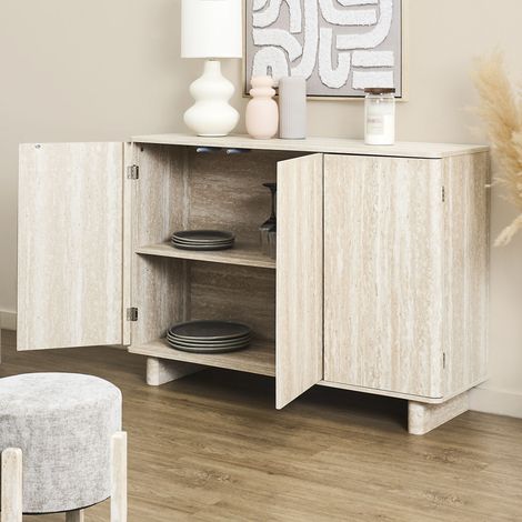 Buffet - Home Deco Factory - Pietra - 3 Portes - Effet Pierre - Blanc Et Beige