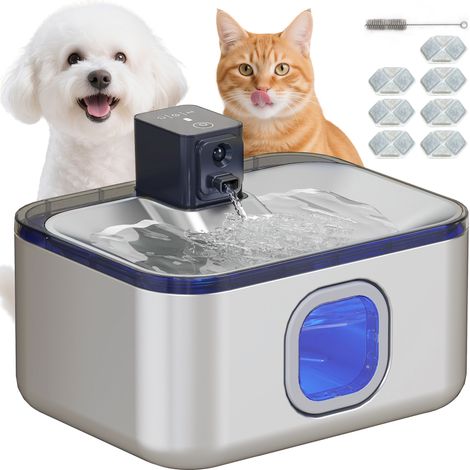 Fontaine pour chat argent en inox 5 L LED avec pompe et filtre ultra-silencieux, accessoire design sobre pour hydratation pratique et connecté