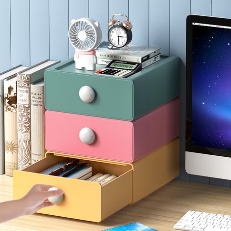 Ensemble de 3 tiroirs de rangement colorés (vert, rose, jaune) – Organiseur de bureau modulaire pour stylos, notes et accessoires (1/5)