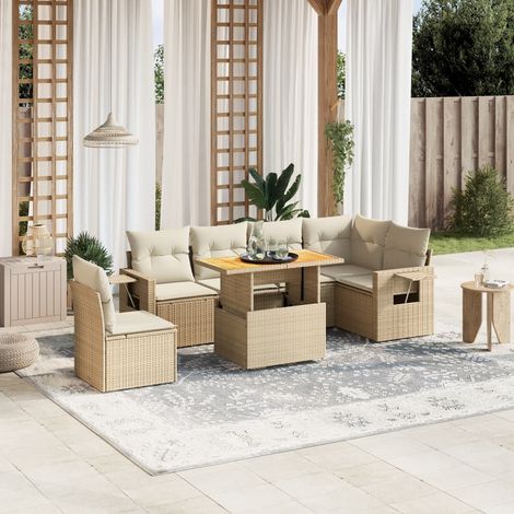 Canapé de jardin 7 pièces en résine tressée beige avec coussins lavables – Table réglable 100x55 cm (1/3)