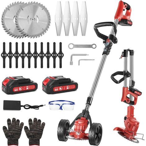 Débroussailleuse 21V sans Fil 2 Batteries 3 Lames avec Roues  2 batteries 2.0Ah, manche télescopique 70-155cm, tête 0-90°, pliable, sécurisée, roues amovibles – idéale jardin. (1/5)