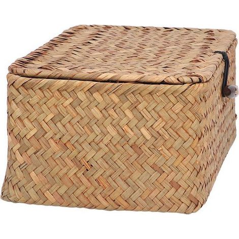 Panier de rangement rectangulaire en osier avec couvercle - Fabriqué en jonc de mer Multifonctionnel - Étagère bureau maison