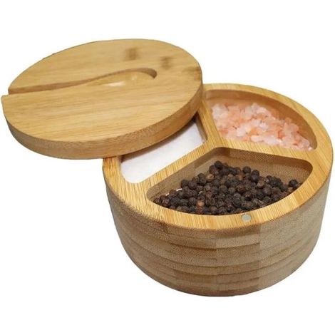 Boîte à sel et poivre en bambou, salière et poivrière à trois compartiments, récipient à épices et condiments pour plans de travai (1/5)
