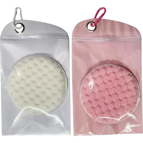 2er-Pack runde Mikrofaser-Sandentfernungstücher in Weiß und Rosa mit Verschlussverpackung, wasserlose Strandreinigungspads für Haut und Füße, kompaktes einziehbares und wiederverwendbares Zubehör für  (1/5)