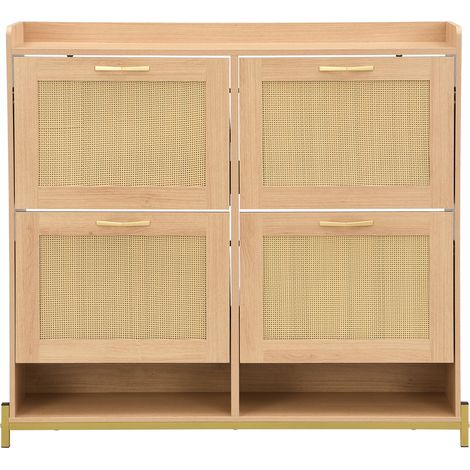 Zapatero de MDF roble claro con 4 puertas efecto ratán y estante (1/5)