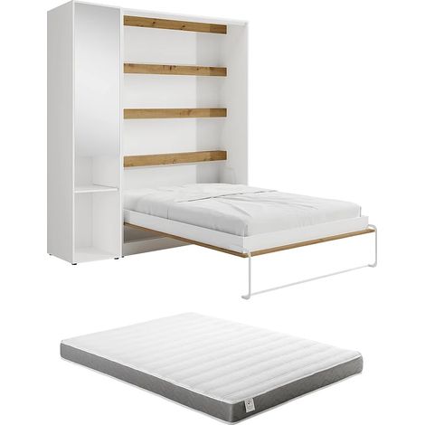 Letto a scomparsa verticale 140 x 200 cm 1 colonna contenitore Con specchio e LED Bianco e naturale + Materasso - RAPILI (1/5)