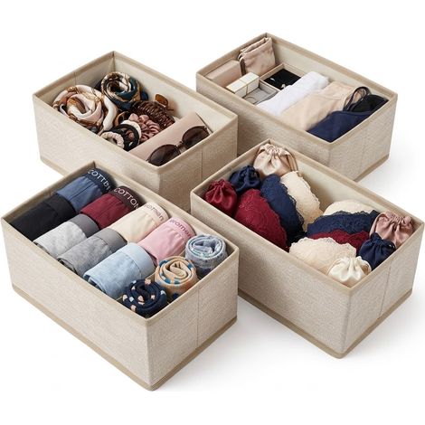 Set 4 Scatole Organizer in Tessuto beige Organizzatore Cassetti per Intimo Calze e Accessori Dimensioni 28x14x11 cm Contenitori rettangolari Salvaspazio per Armadio