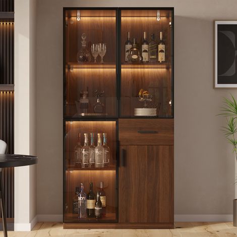 Vitrine haute de salon 80x35x160 cm, 4 portes vitrées, éclairage LED, 1 tiroir, étagères réglables, anti-basculement, MDF, effet bois naturel (1/5)