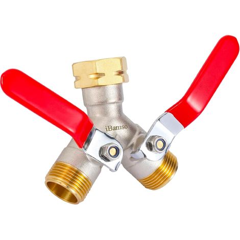 Répartiteur de Tuyau d'arrosage en Laiton à 2 Voies, répartiteur de Robinet extérieur à Haut débit avec Valve en Y, connecteur de Robinet à débit Maximal 3/4" - Grandes poignées Rouges (1/5)