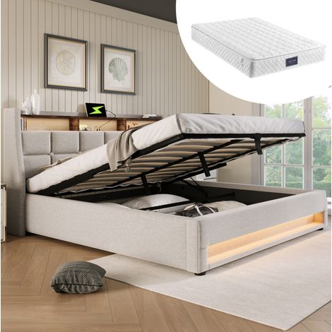 Bett Doppelbett Stauraum 160x200 Leinen Beige OKMYHOME (1/5)