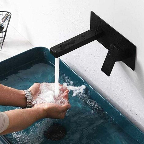 Robinet Mitigeur Murale Lavabo Mélangeur Salle De Bain Avec Cascade Bec Extra-large Robinet Encastré Une Poignée Mitigeur Lavabo Robinet Baignoire Robinet Mural (Noir)