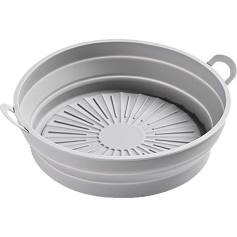 Zusammenfaltbarer Silikoneinsatz für Fritteusen mit 21,5 cm Durchmesser (8,5 Zoll), lebensmittelecht und hitzebeständig. Runder grauer Silikontopf mit 21,5 cm Durchmesser (8,5 Zoll). (1/5)