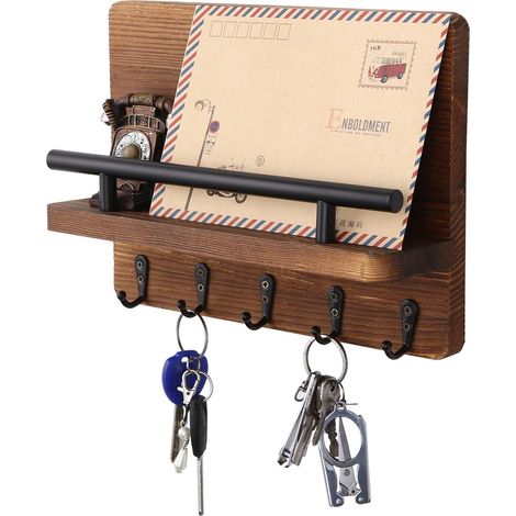 Clés Mural en Bois avec 5 Crochets, Porte Courrier Range Accroche Clef Décoratif