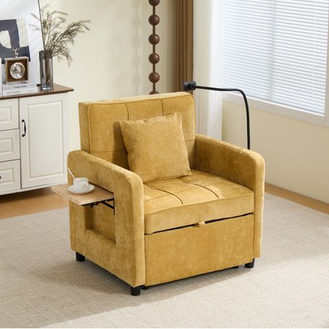 Fauteuil convertible 167x79x83 cm jaune moutarde en chenille avec dossier réglable, rangement et tablette (1/5)
