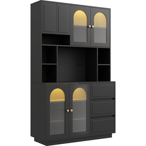 Hoher Küchenschrank mit 4 Acryltüren, 3 Schubladen, Verstellbaren Einlegeböden und LED, MDF Schwarz, 106 x 30 x 175 cm (1/5)