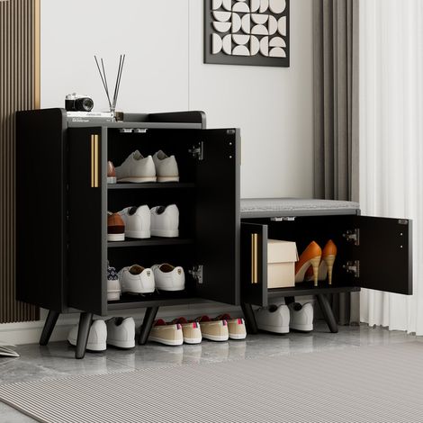 Banc à chaussures noyer noir 4 portes poignées métal asymétriques style moderne 120x34x82 cm (1/5)