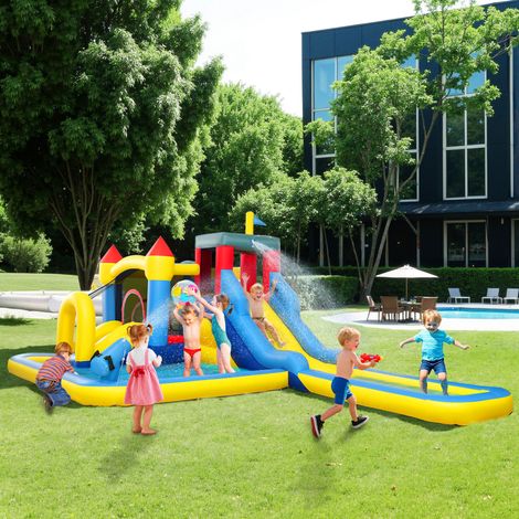 Aufblasbare Burg mit Gebläse, Wasserpark, Rutschen, Trampolin, Kletterwand, Kanone, Basketballkorb