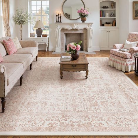 Vintage Tapis Salon 240x300cm Rose Lavable en Machine Rug Chambre Adulte Grand Rugs,Descente de Lit, AntidéRapant Carpet,Interieur Doux Poil Ras,Salle a Manger Carpets,Bureau (1/5)