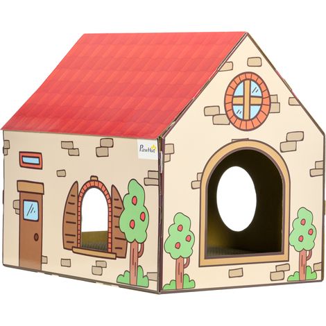 FLITI Corrugated Cardboard Cat House with Scratching Post and Catnip, Cozy Refuge for Small Cats up to 3.5 kg (1/5)