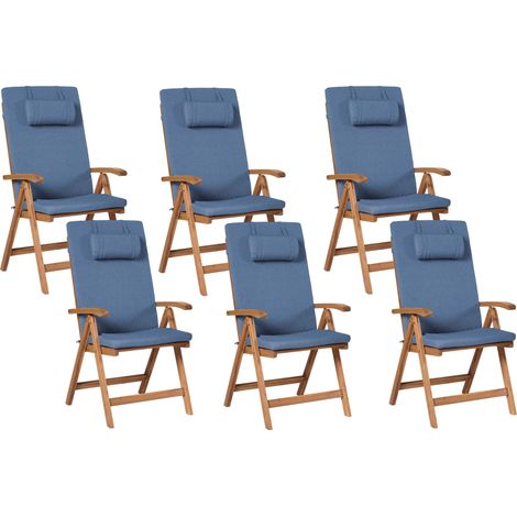Set of 6 Garden Chairs Light Acacia Wood with Blue Cushions Folding Feature UV Resistant Rustic Style JAVA PREMIUM (1/5)