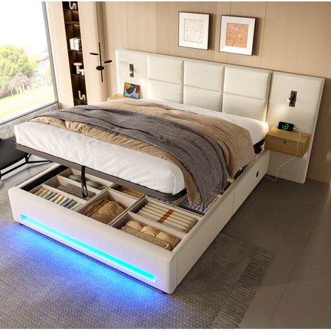 Letto a cassone 180x200 cm con 2 cassetti comodino, luce notturna LED, porte USB-Type-C, in velluto, senza materasso, beige (1/5)