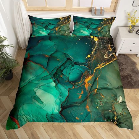 Dark Green Marble Duvet Cover 200x200, Turquoise Aqua Bedding Set, Abstract Geometry Duvet Cover, Gold Metallic Glitter Bedding Set, Printed Bedspread (1/5)