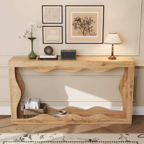 Konsolentisch in natürlicher Holzoptik, 160 cm, Flurtisch mit gewellter Kante, schmale 2-stöckige Konsole mit offenem Regal für Wohnzimmer, Flur und Eingang
