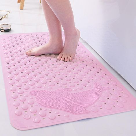 Tapis de douche rectangulaire antidérapant à ventouses, séchage rapide, zone de massage en forme de dauphin, 35 x 70 cm, Rose (1/5)