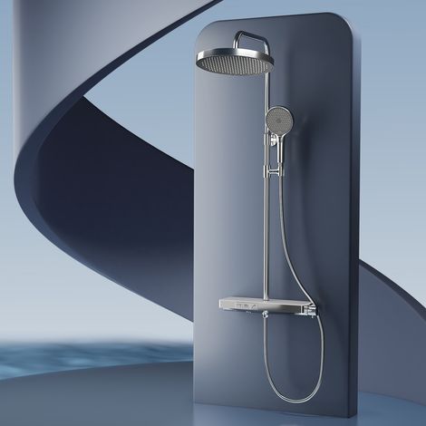 EMKE Colonne de douche Thermostat, avec 40 x 15 cm étagère, ensemble de douche avec douchette, 3 types de jets, Chrome (1/5)