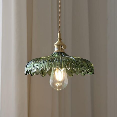 Lustre vintage en verre à fleurs, fil de suspension réglable, lampe de décoration de chambre, vert, tête de lampe E27, lumière chaude (1/5)
