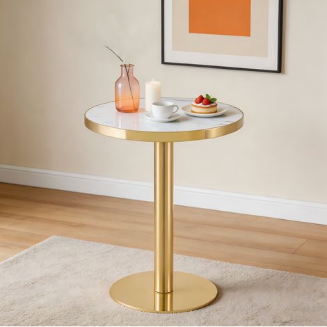 Mesa auxiliar redonda de MDF blanco y dorado, efecto mármol, acabado UV (1/5)
