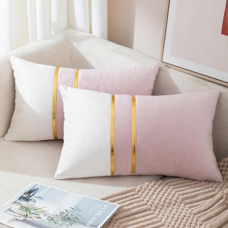 Lot de 2 housses de coussin lombaires décoratives en velours, patchwork rose et blanc avec empiècements en cuir doré, 30 x 50 cm (12 x 20 pouces). Décoration idéale pour salon, canapé, chambre ou voit