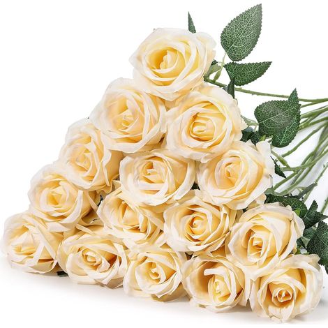 Lot de 20 roses artificielles à longues tiges – bouquet réaliste de roses artificielles à l'aspect soyeux (emballage en vrac) pour la décoration intérieure, les mariages, les fêtes et la décoration d (1/5)