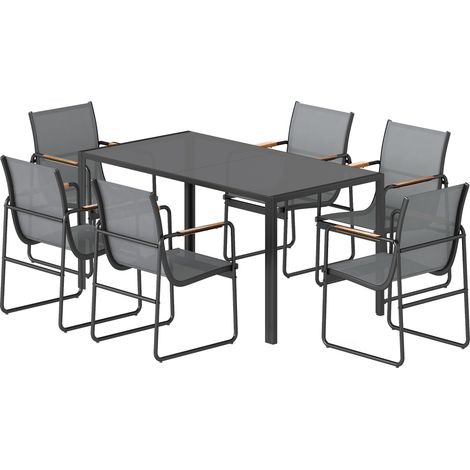 7-teiliges Gartenmöbelset für 6 Personen, Glastisch und Netzstühle mit dekorativen Armlehnen, grau