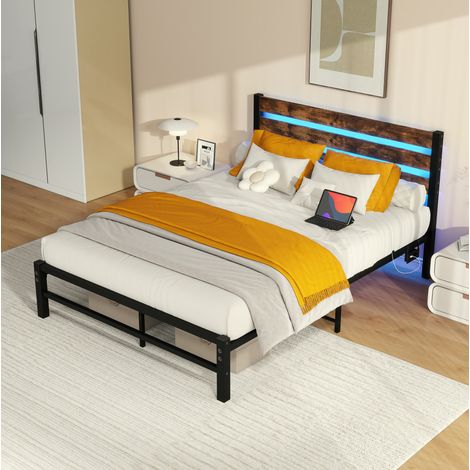 Cama 120x200 cm marrón antiguo en MDF y metal con LED RGB, USB y almacenaje (1/5)