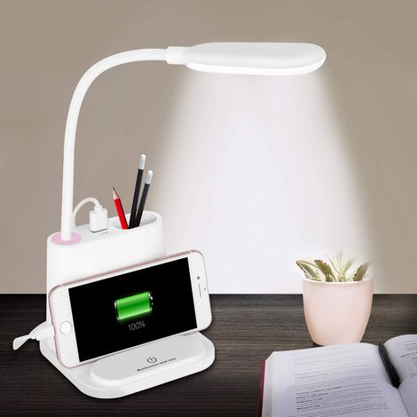 Lampe de bureau LED rechargeable avec port USB, porte-stylo et support téléphone, petite lampe d'étude mignonne pour enfants, maison, bureau ou dortoir, flexible et portable pour table de chevet et le (1/5)