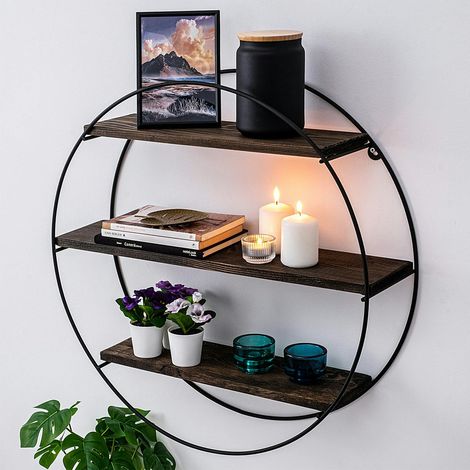 Etagère ronde noire 3 plateaux décor bois foncé JENA (1/5)
