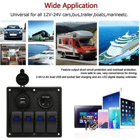 Bedienfeld mit 4 Wipptasten, 5 Pins, Voltmeter und zwei 4,8-A-USB-Anschlüssen, universell für Auto, Wohnmobil und Boot